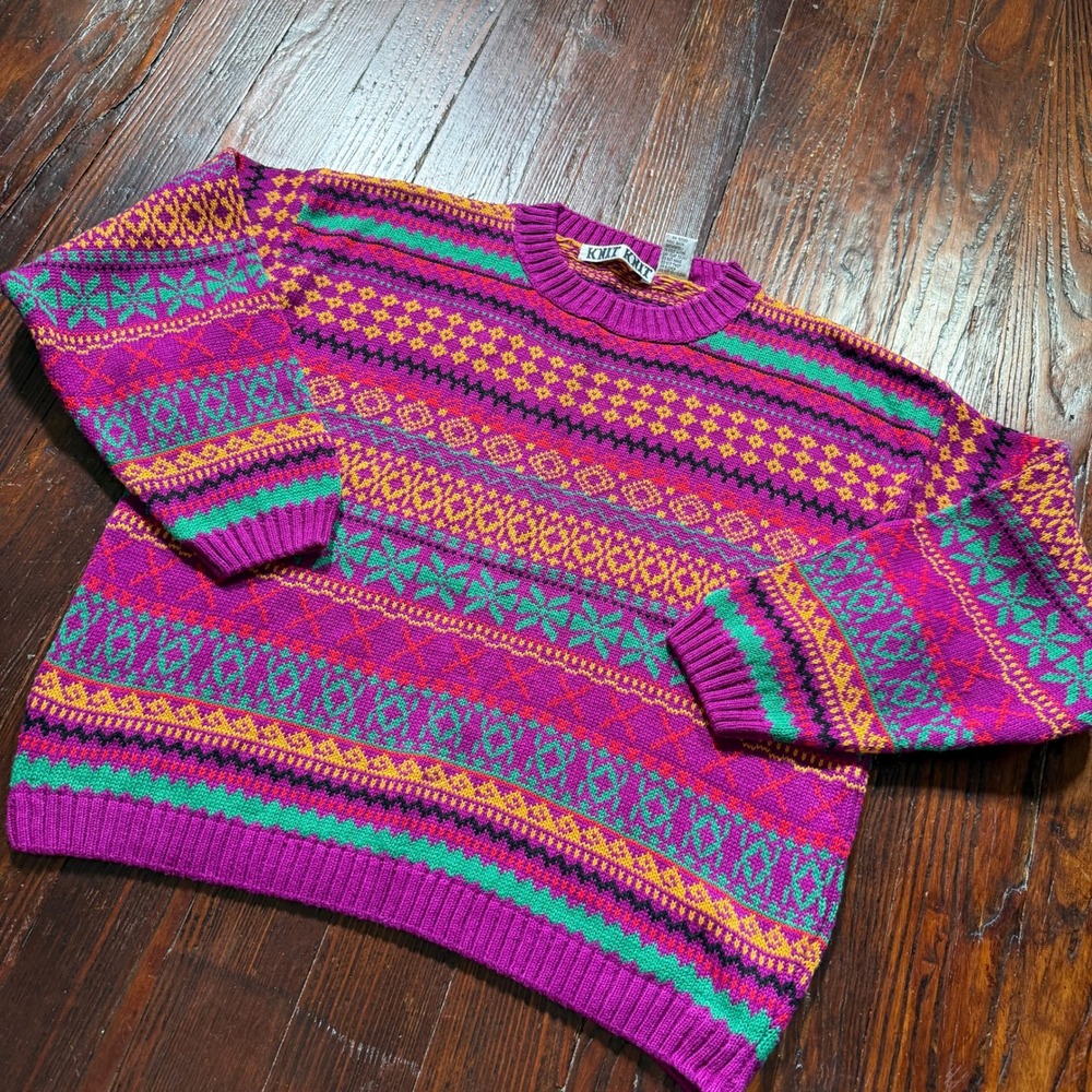 Vintage 90s Knit Knit Sweater Women M Multicolor Stripes Fair Isle Ramie Cotton